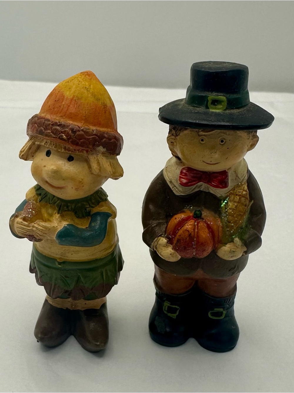 Autumn Pilgrim Boy and Girl Fall Figurine Set - Brown, Orange, Green